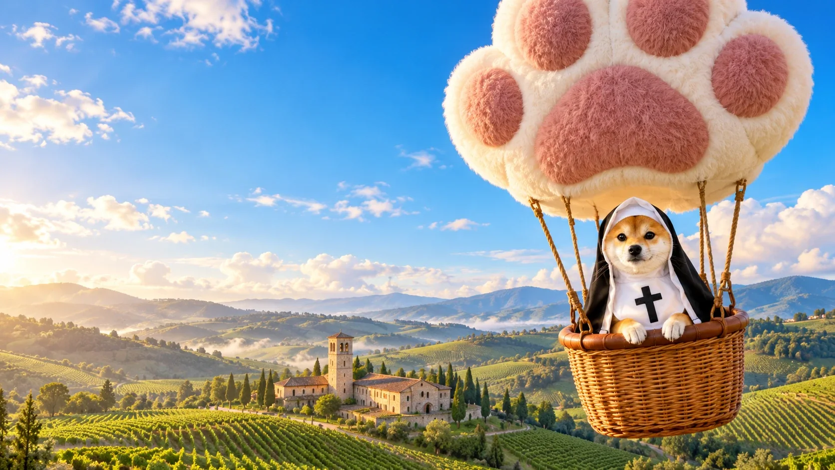 The shiba in the habit riding a basket under a giant plush paw balloon over vineyards and a stone abbey